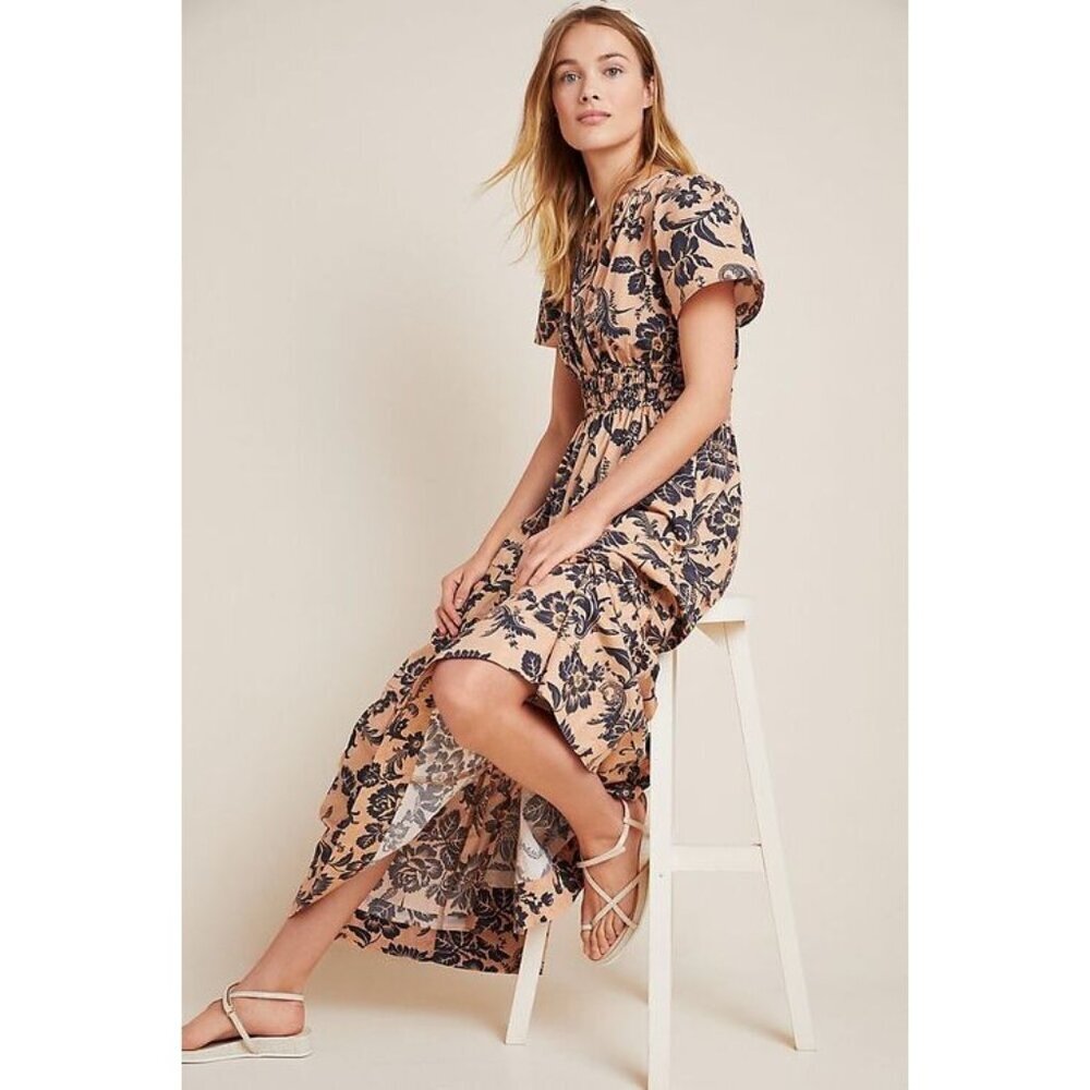 NWT by Anthropologie Somerset Maxi in Brown Motif Floral Tiered Cotton Dress L - Picture 3 of 7